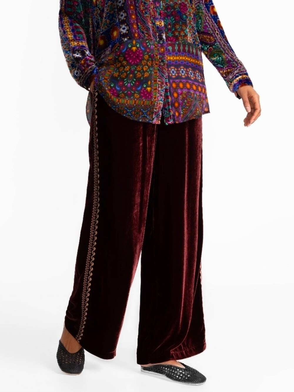 $298 NWT Johnny Was Silk BLEND Pants XL Velvet Burnout Wide Leg Boho EMBROIDERED